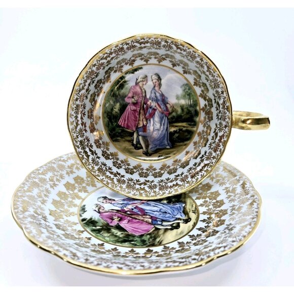Royal Windsor Romantic Couple Rococo Style Teacup & Saucer Pale Blue Gold